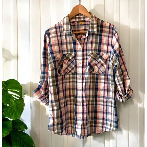Eddie Bauer Women's Western Style Plaid Shirt Button down Pink Blue Green Sz TL - Picture 1 of 6